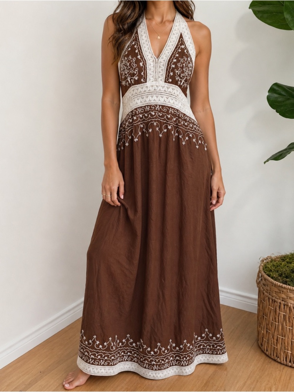 India Boutique Brown Maxi Dress with White Embroidery